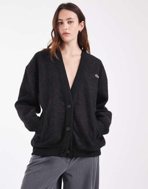 Lacoste oversized boiled wool v-neck co-ord cardigan in black  - view 1
