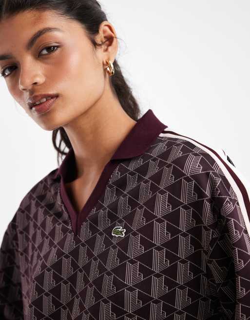 Lacoste oversized contrast stripe monogram polo in burgundy, 3 of 4