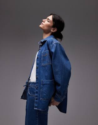 oversized denim jacket in mid wash blue with contrast stitching - part of a set