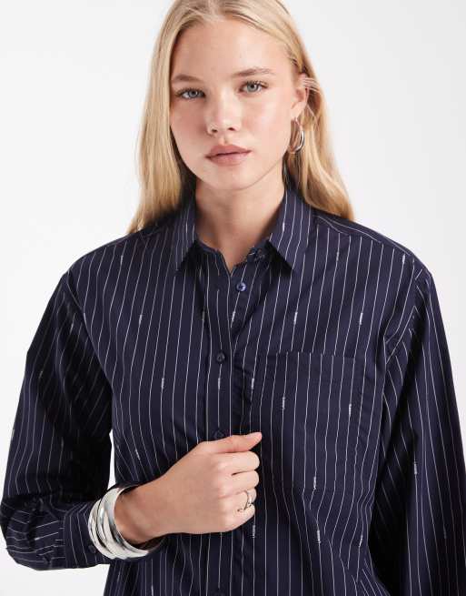 Lacoste oversized jaquard stripe poplin shirt in navy , 2 of 4
