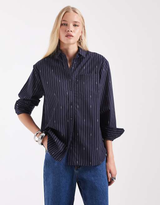 Lacoste oversized jaquard stripe poplin shirt in navy , 3 of 4