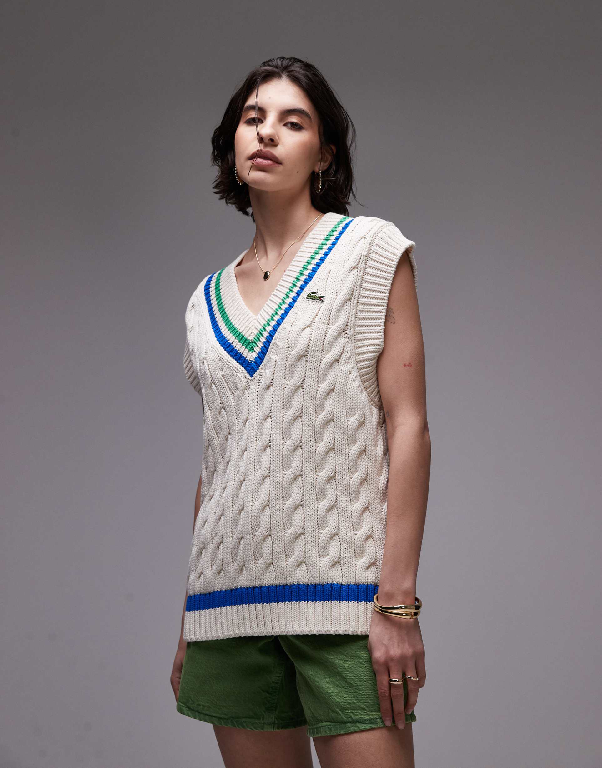 lacoste oversized knit cricket sweater vest in off-white