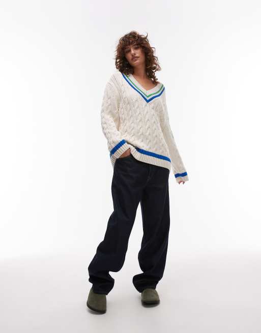 Lacoste oversized knitted cricket jumper in off white