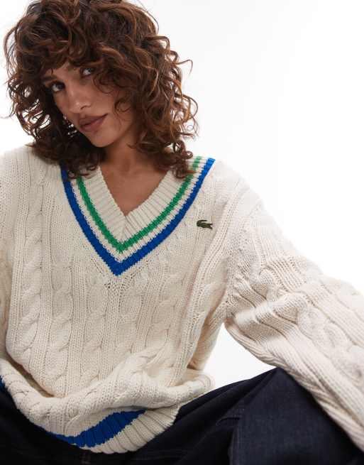 Lacoste oversized knitted cricket jumper in off white
