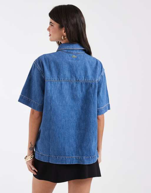 Lacoste oversized let denim-poloskjorte i blå, 4 af 4