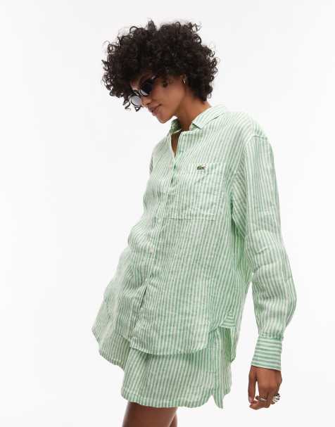 Lacoste oversized long sleeve striped shirt in green and white (part of a set) - view 1