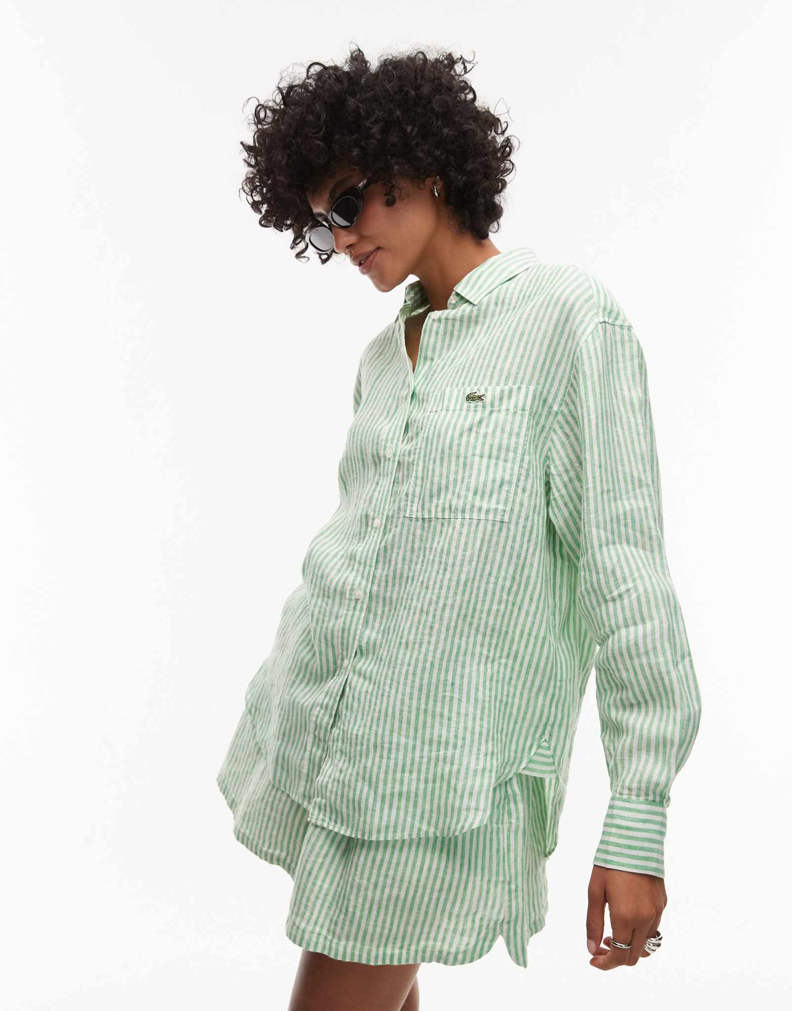 Рубашка в зеленую и белую полоску с длинным рукавом оверсайз от Lacoste - часть комплекта