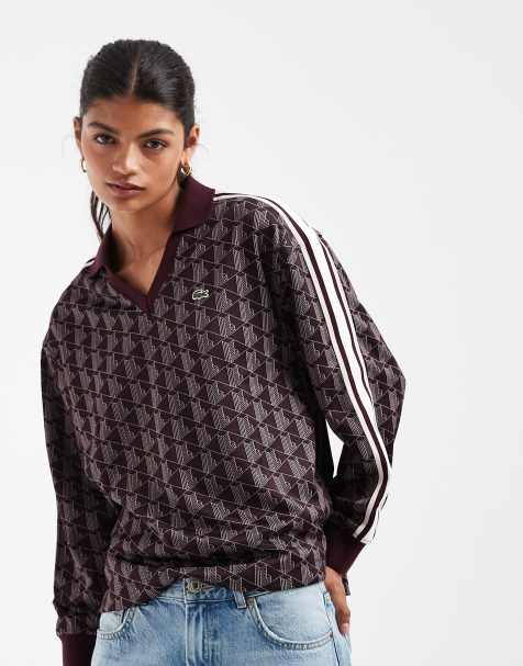 Lacoste oversized poloshirt met contrasterende streep en monogram in bordeauxrood - view 1