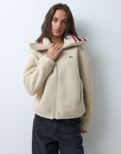 Lacoste oversized stribet fleece med strikket krave og lynlås i beige - view 1