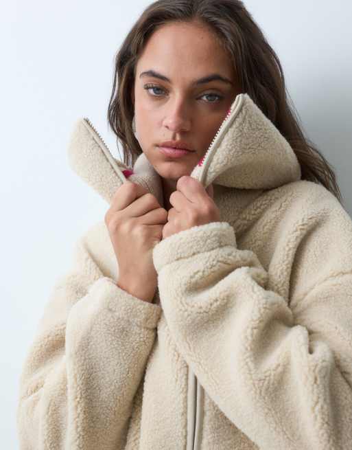 Lacoste oversized striped knit collar zip up fleece in beige , 2 of 5