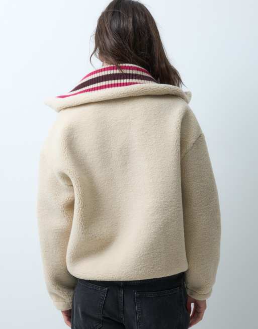 Lacoste oversized striped knit collar zip up fleece in beige , 4 of 5