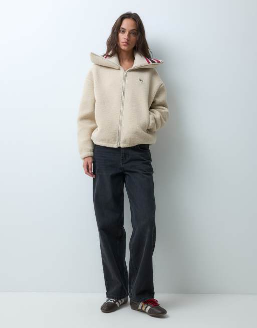 Lacoste oversized striped knit collar zip up fleece in beige , 5 of 5