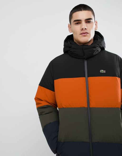 Lacoste padded hooded colour block puffer jacket in black