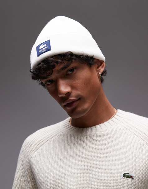 Lacoste patch logo beanie in white - view 1