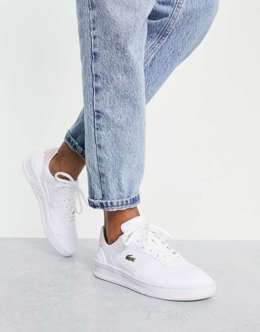 Lacoste Perf Shot mixed panel sneakers with ink back tab in white ...