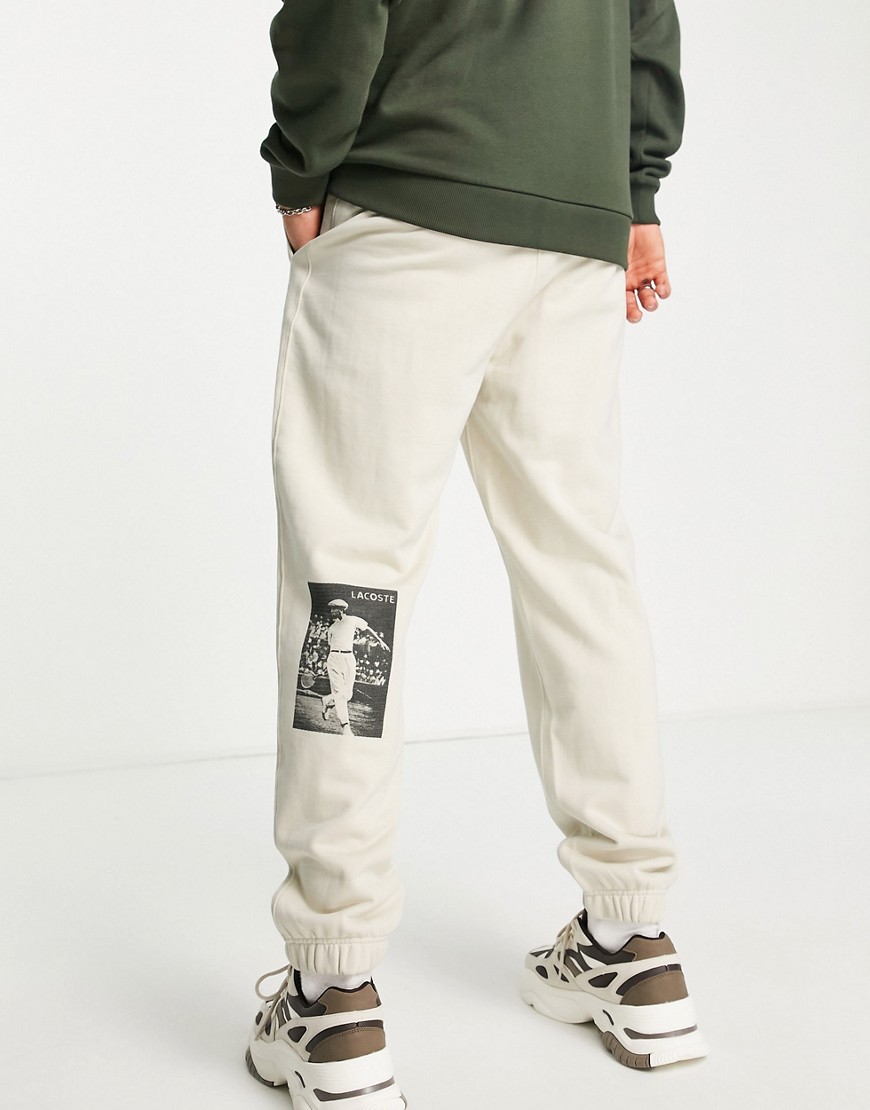 lacoste photographic logo joggers in stone-neutral