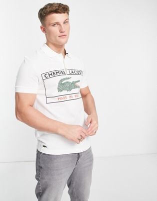 Lacoste pique polo with large logo print in white