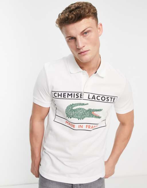 Lacoste pique polo with large logo print in white ASOS