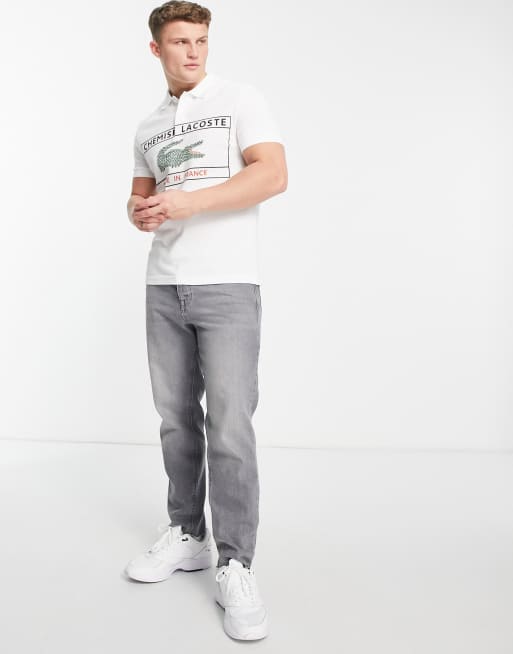 Lacoste pique polo with large logo print in white, 4 of 4