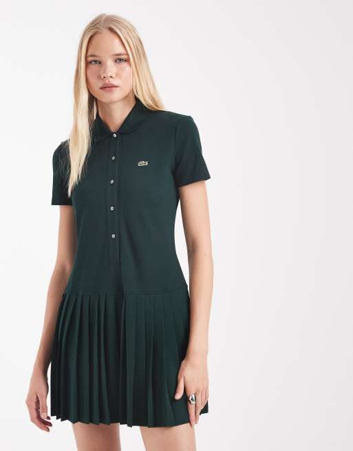 Lacoste pleated skirt pique polo dress in green, 2 of 4