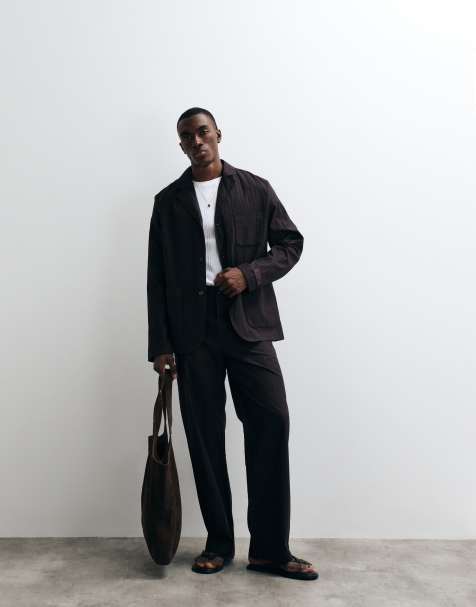 Lacoste plisse blazer jacket in brown (part of a set) - view 1