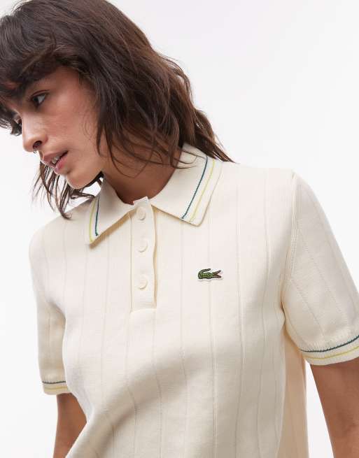 Lacoste Polo color panna a righe con logo ASOS