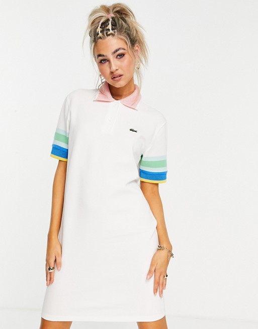 Lacoste polo dress with colour panels in white