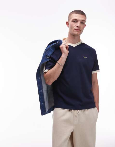 Lacoste polo shirt in navy blue with contrast collar and sleeve taping - view 1