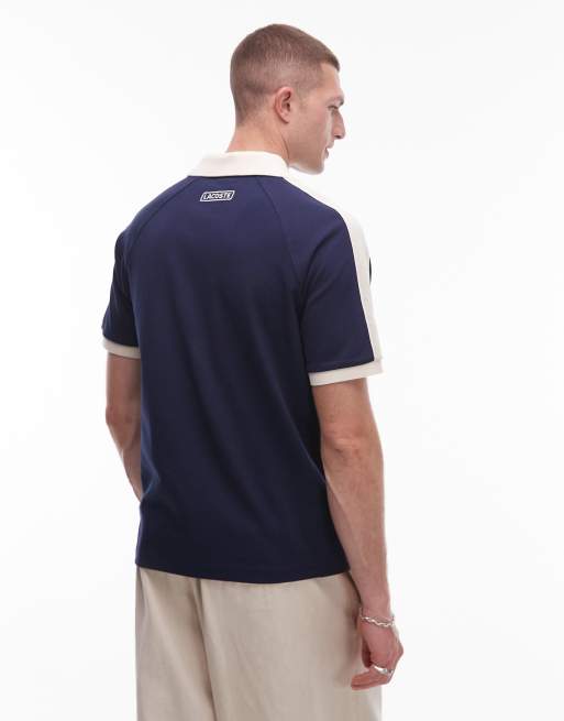Lacoste polo shirt in navy blue with contrast collar and sleeve taping, 2 of 4