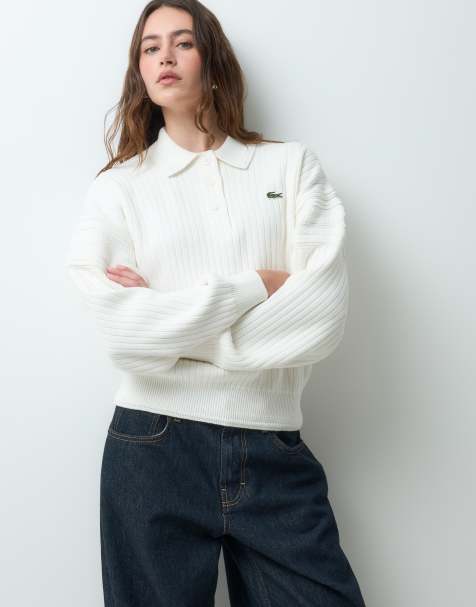 Lacoste polo z bawełnianej dzianiny z fakturowanym detalem w kolorze kremowym - view 1