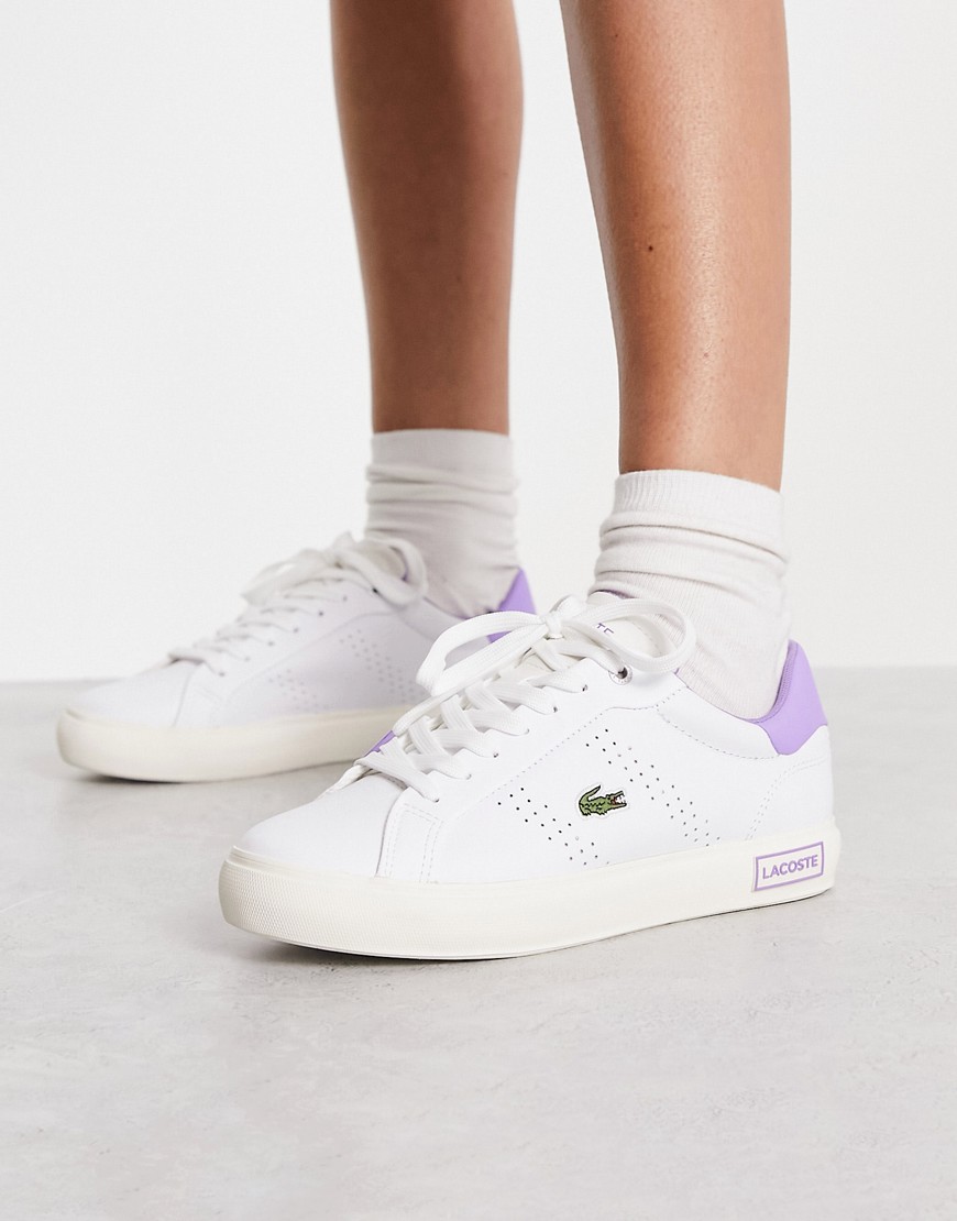 lacoste powercourt 2.0 white leather trainers with purple back tab