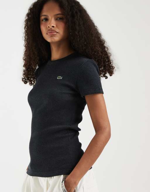 Lacoste prążkowany bawełniany T-shirt w kolorze charcoal, 2 z 4