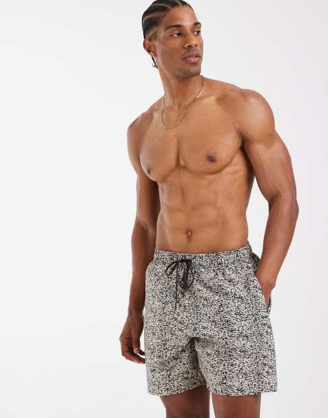 Lacoste printed swim shorts in ecru & brown - view 1