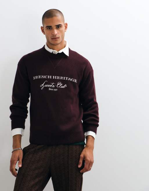 Lacoste pull col rond en mélange de laine jacquard avec motif au dos, bordeaux, 3 de 5