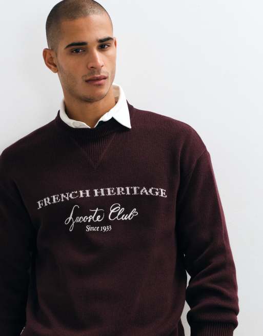 Lacoste pull col rond en mélange de laine jacquard avec motif au dos, bordeaux, 4 de 5