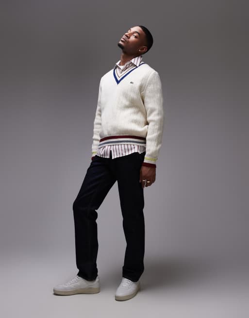 Lacoste Pull en maille à col V Blanc cassé ASOS