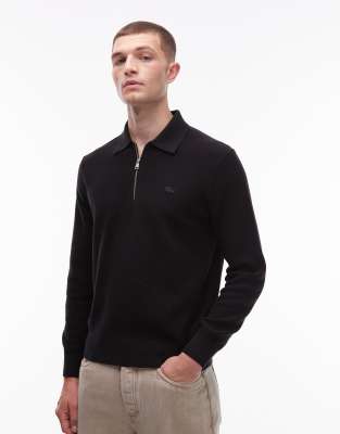 Lacoste - Pull en maille avec col polo et grand logo crocodile - Noir
