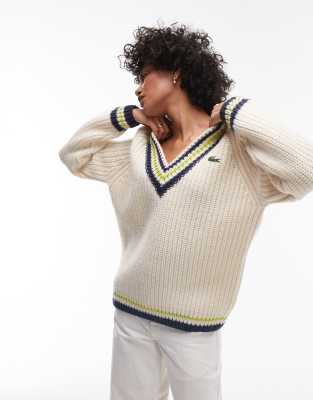 Lacoste - Pullover in Creme mit V-Ausschnitt und Streifen-Weiß