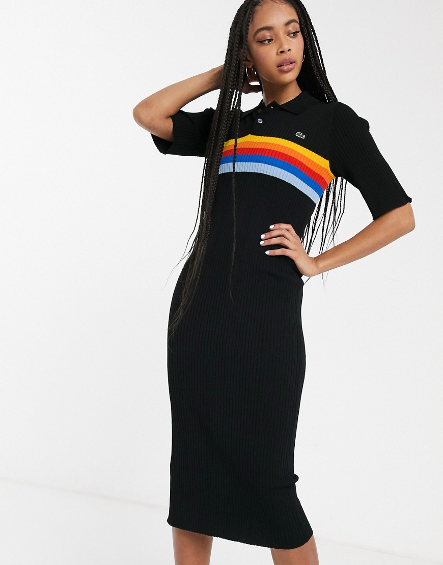 Product photo of Lacoste rainbow stripe polo dress in black - multi