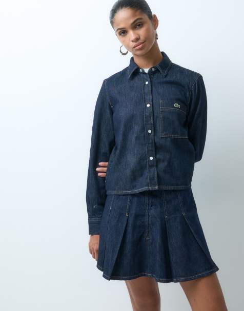 Lacoste regular fit cropped denim co-ord shirt in dark wash - view 1