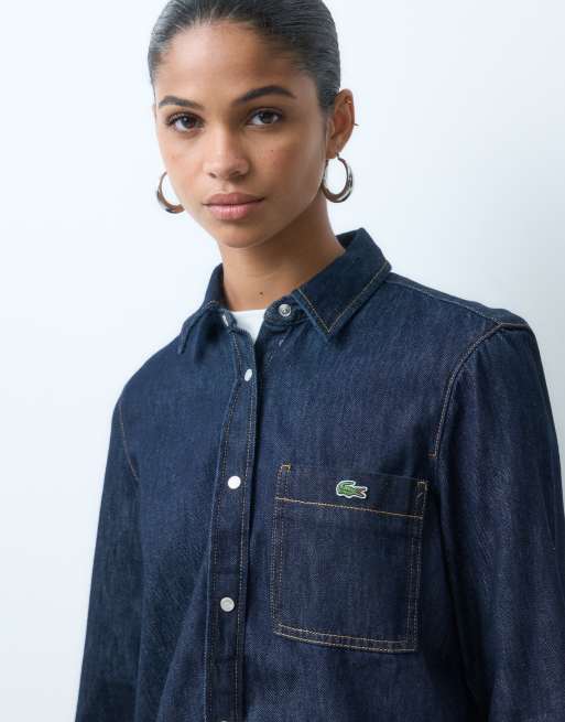 Lacoste regular fit cropped denim co-ord shirt in dark wash , 2 of 4