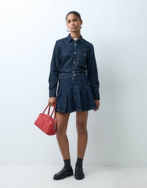 Lacoste regular fit cropped denim co-ord shirt in dark wash , 3 of 4