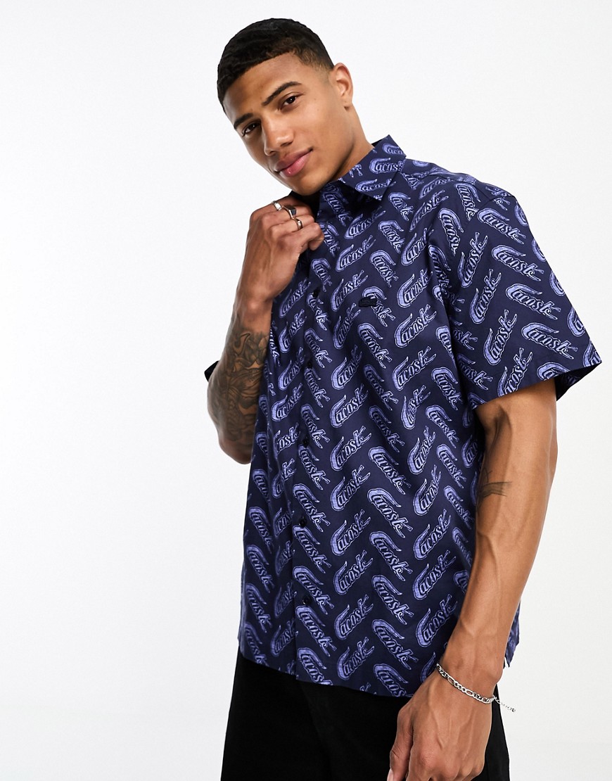 Lacoste relaxed fit all over logo short sleeve shirt in navy