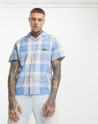 Lacoste relaxed fit checked short sleeve shirt in blue with back logo