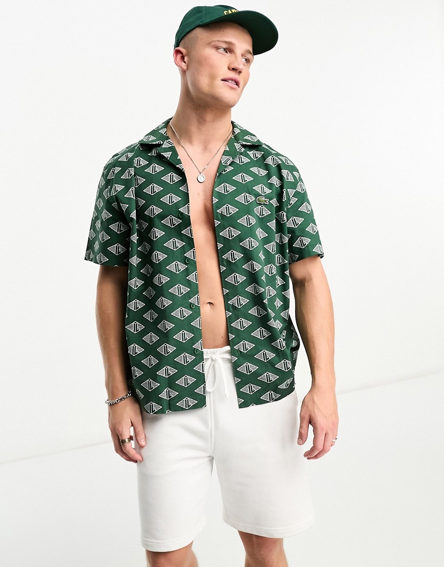 Lacoste relaxed fit short sleeve shirt in dark green with all over print