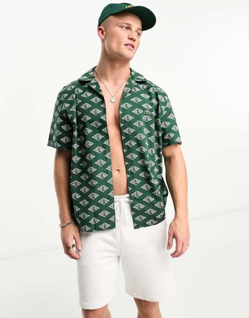 Lacoste relaxed fit short sleeve shirt in dark green with all over