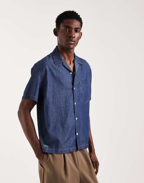 Lacoste short sleeve revere collar denim shirt in mid wash blue