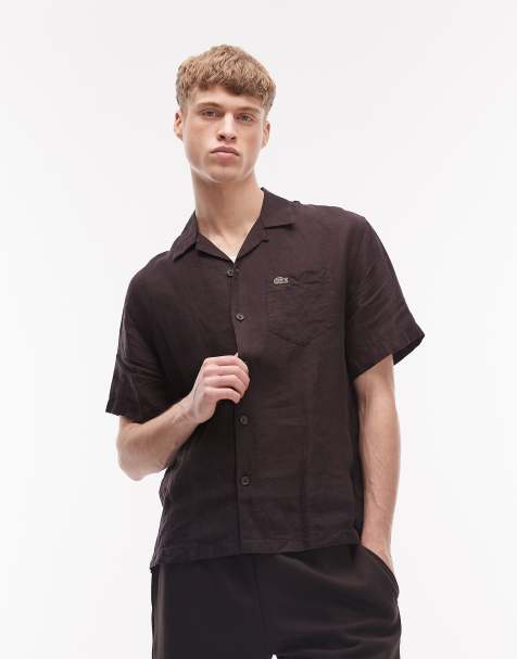 Lacoste revere collar short sleeve shirt in brown