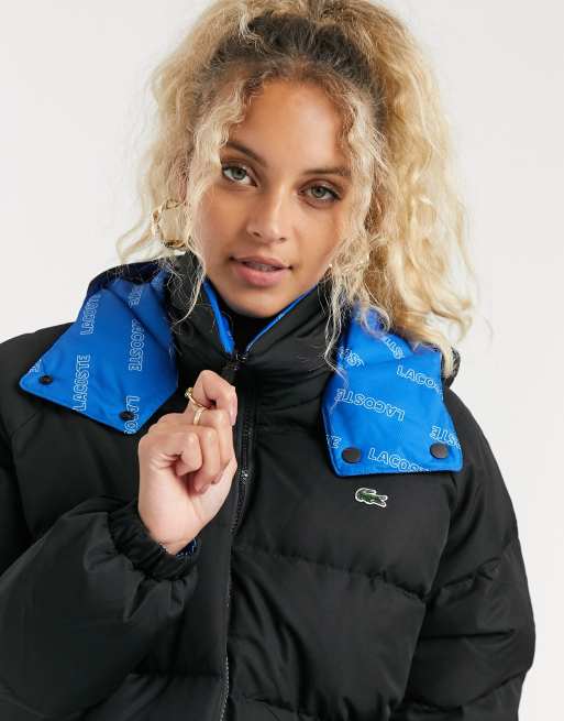 Lacoste reversible hooded padded jacket in black and blue logo print