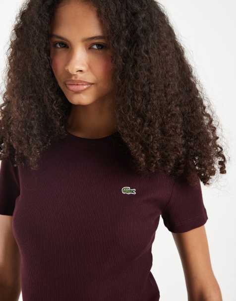 Lacoste ribbed cotton t-shirt in burgundy - view 1